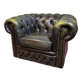 Chesterfield green leather tub chair English