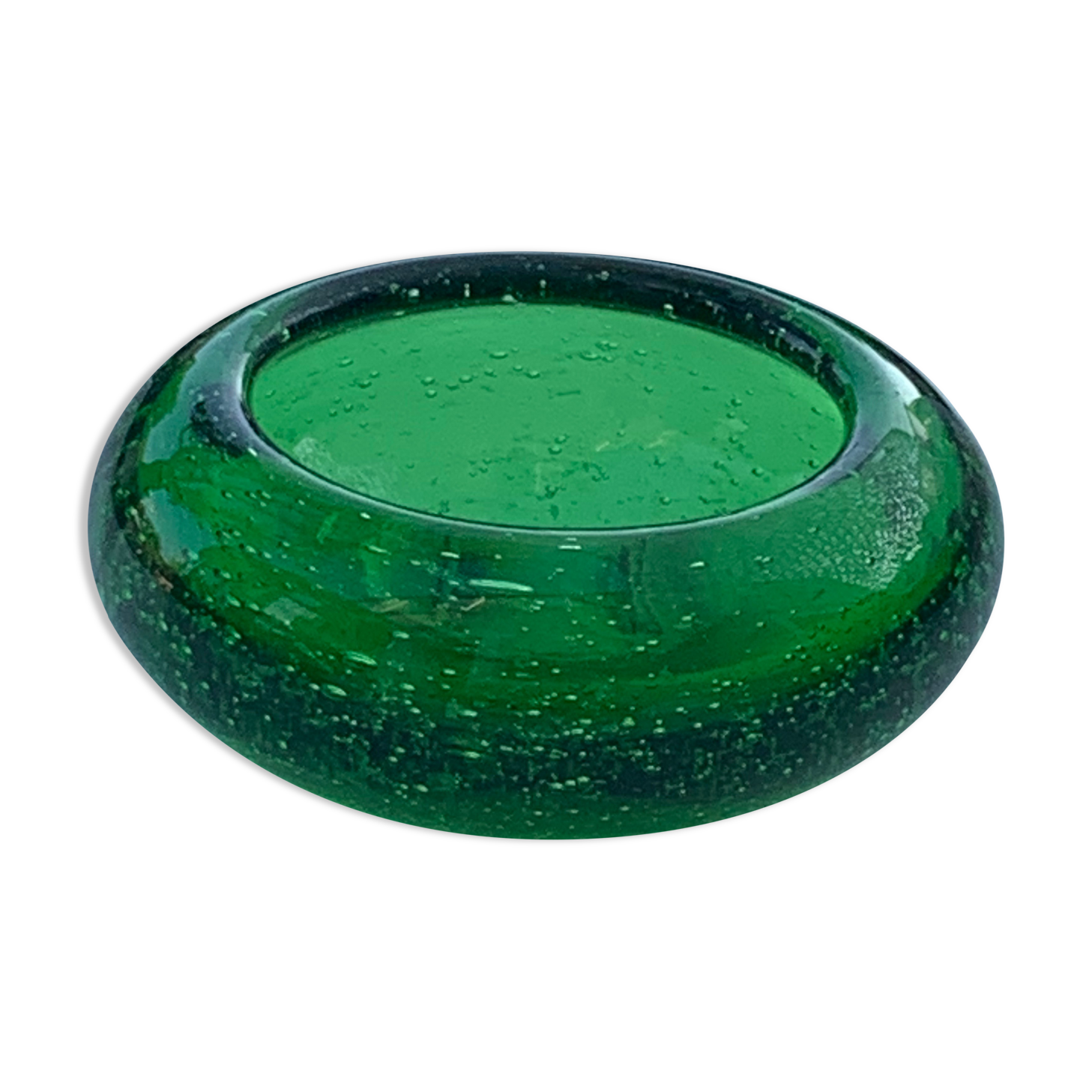 Organic glassware ashtray in signed and vintage green blown glass