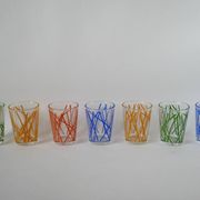 Colorful designer set composed of 7 liqueur glasses and a seventies 70s carafe