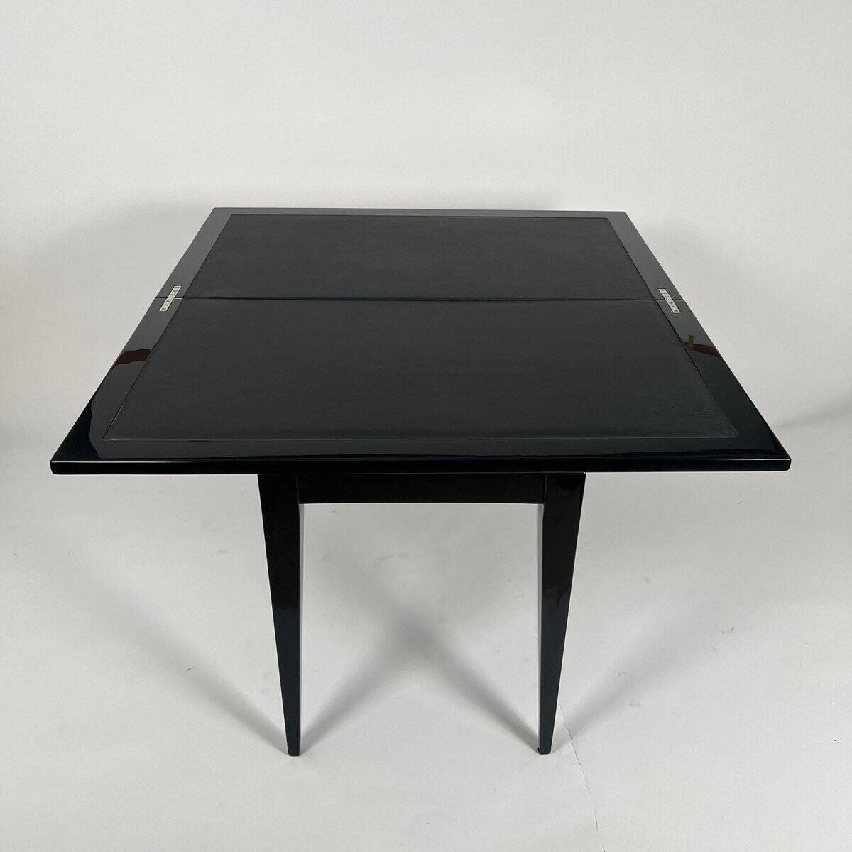 Art Deco Games Table in Black Lacquer, Red and Black Leather, France, 1930s