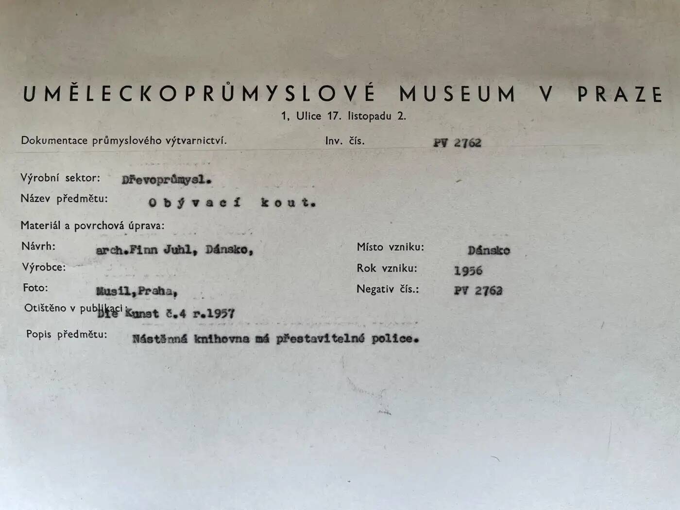 Original photo of furniture, interior by Finn Juhl / Denmark, 1956