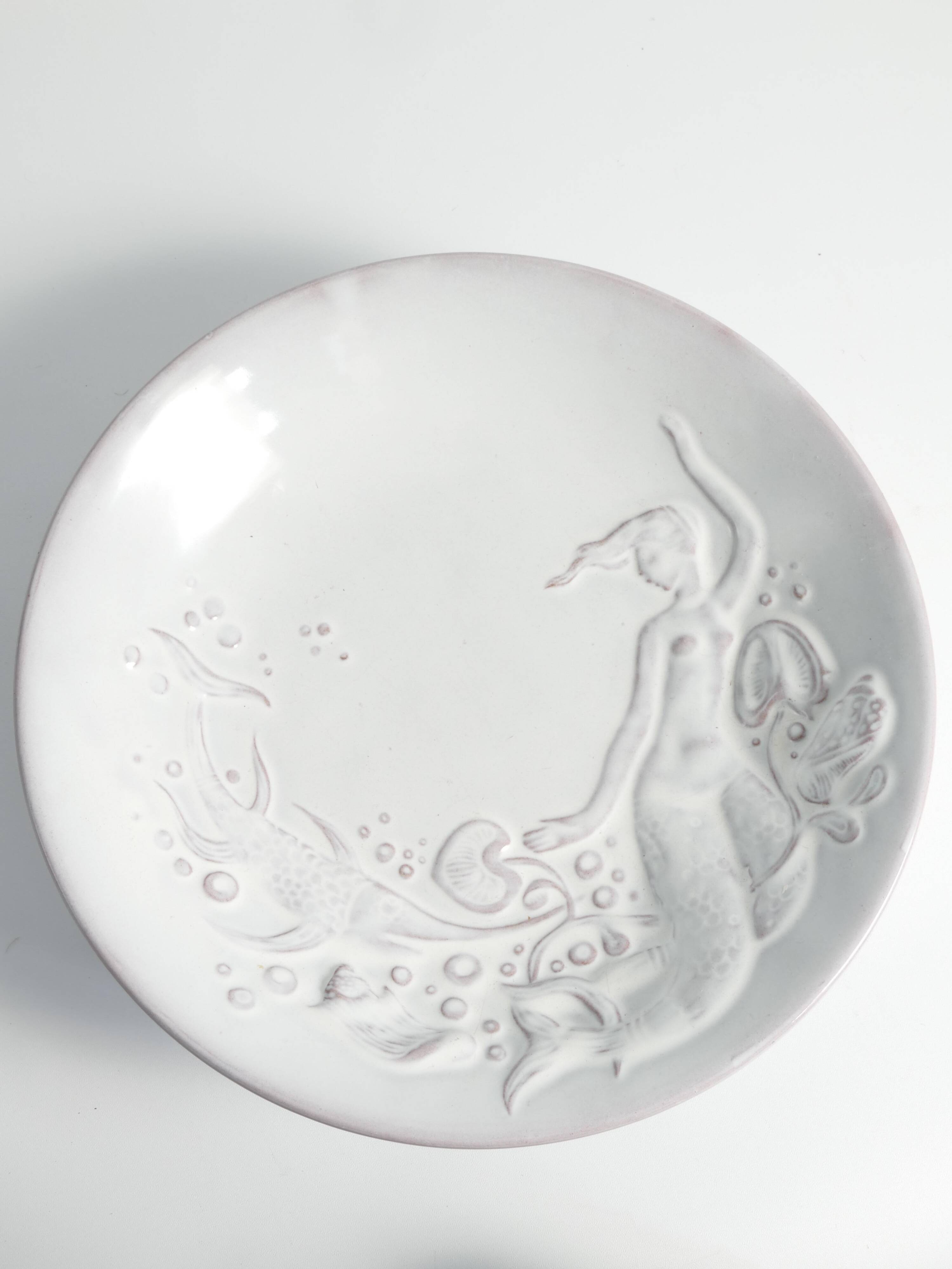Art Deco White Earthenware Mermaid Bowl "300" by Mari Simmulson for Upsala-Ekeby