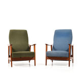 Pair of mid century Danish reclining lounge chairs in teak