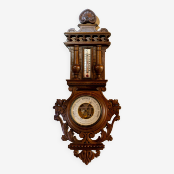 Henri II barometer and thermometer in carved wood