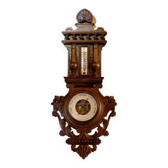 Henri II barometer and thermometer in carved wood