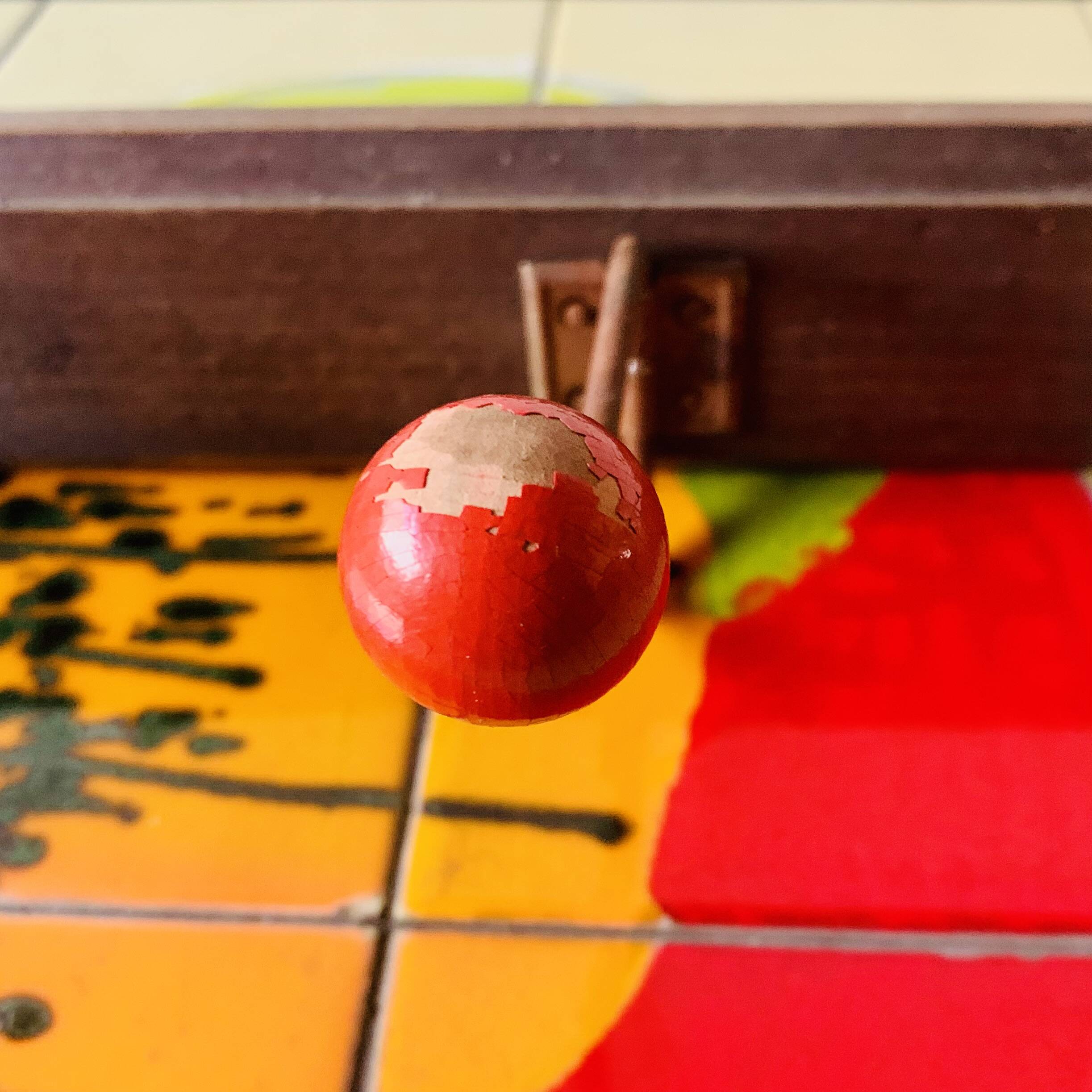 Vintage wooden wall coat rack - triple coat hook with red balls