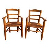 Pair of vintage armchairs in solid wood and straw – Georges Robert