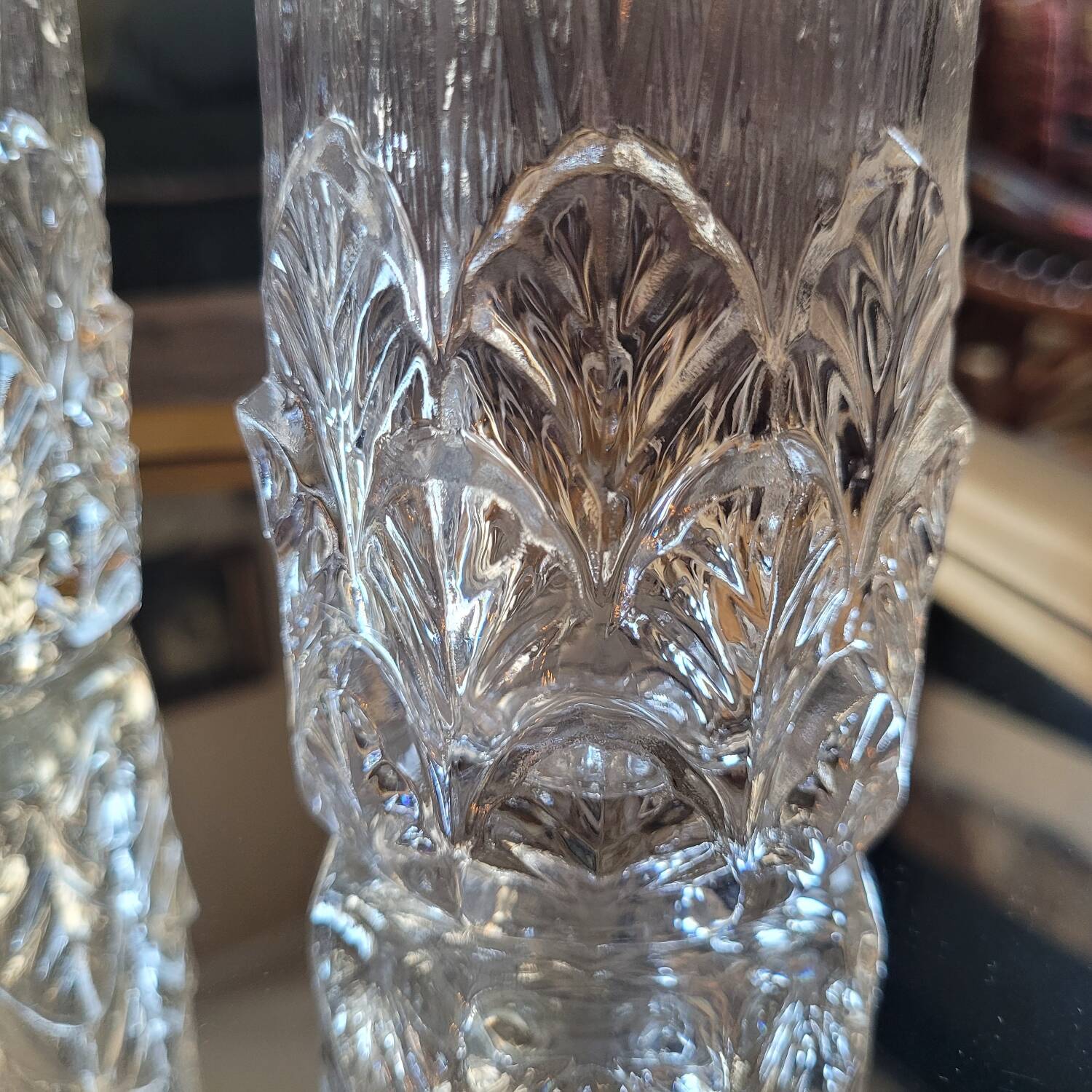 Pair of thick pressed glass art deco vases
