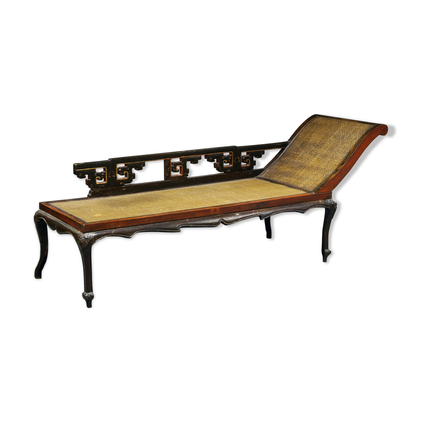 Antique chinese hardwood and rattan daybed