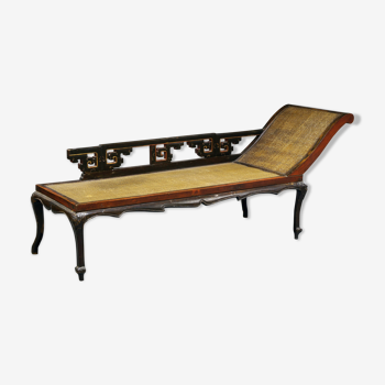 Antique chinese hardwood and rattan daybed