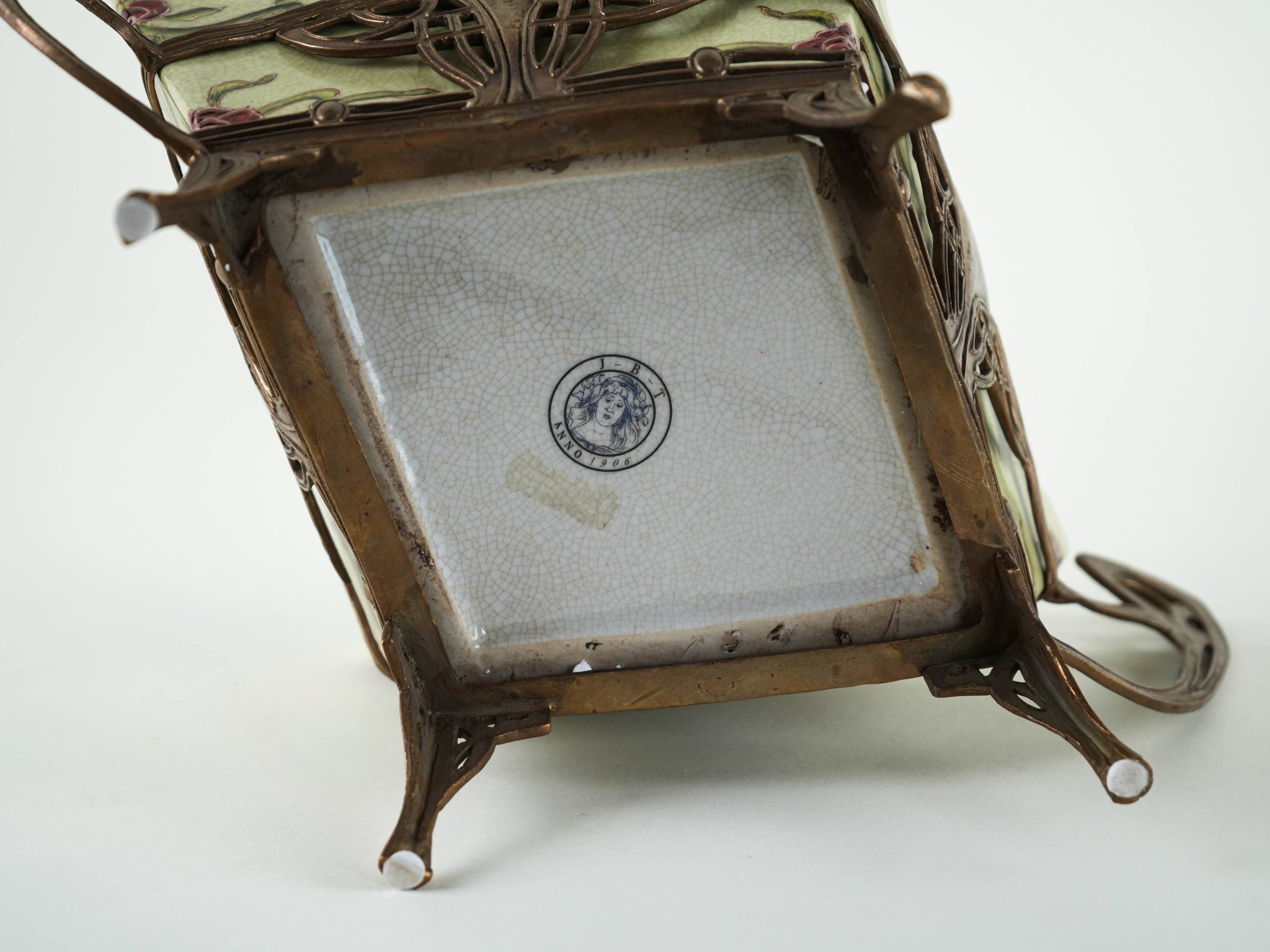Art Nouveau platter with ceramic insert in ornamental metal frame, European craftsmanship