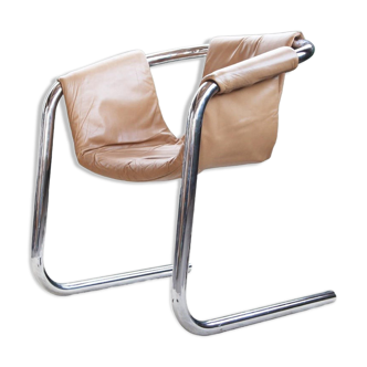 Fauteuil en chrome Vecta Zermatt en cuir beige, 1970s