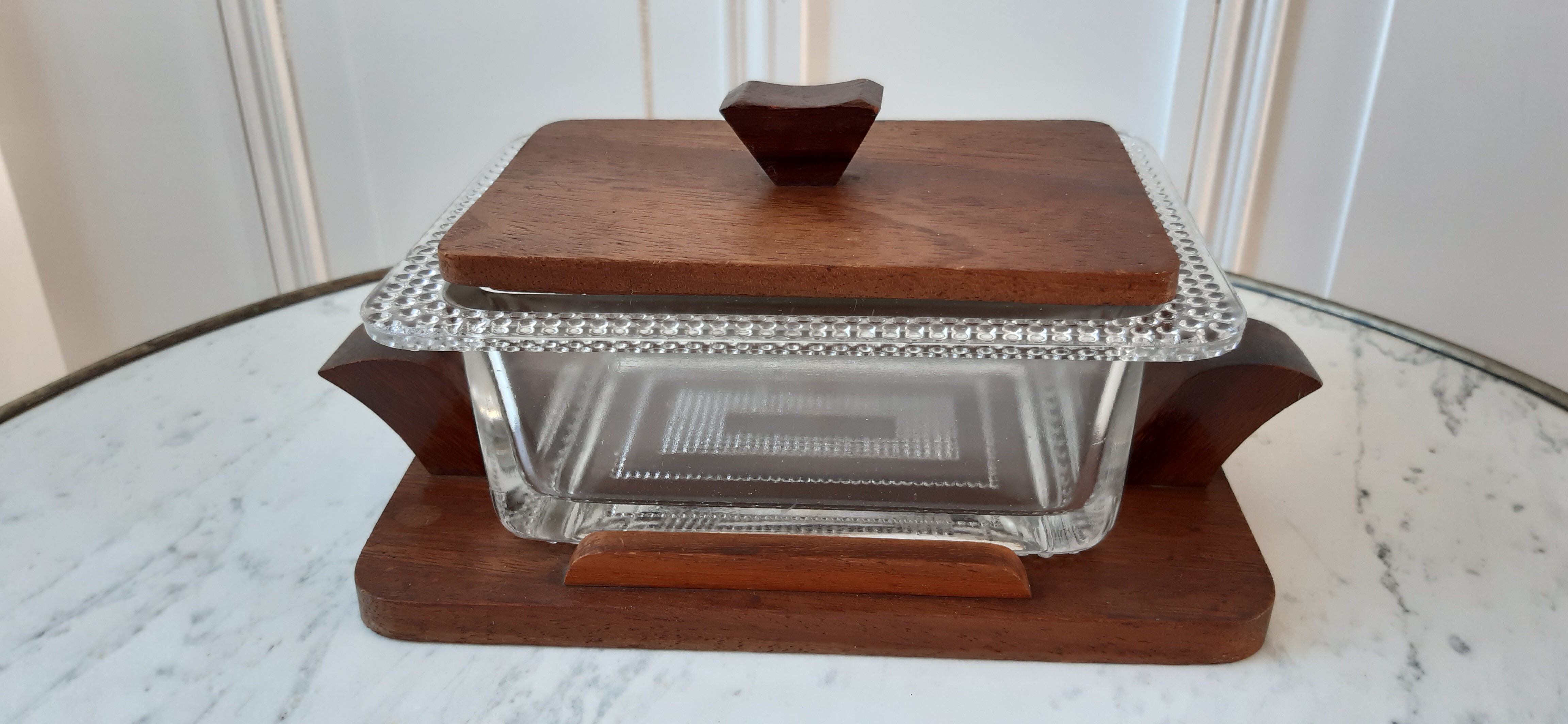 Boîte art déco en bois de hêtre et verre années 30