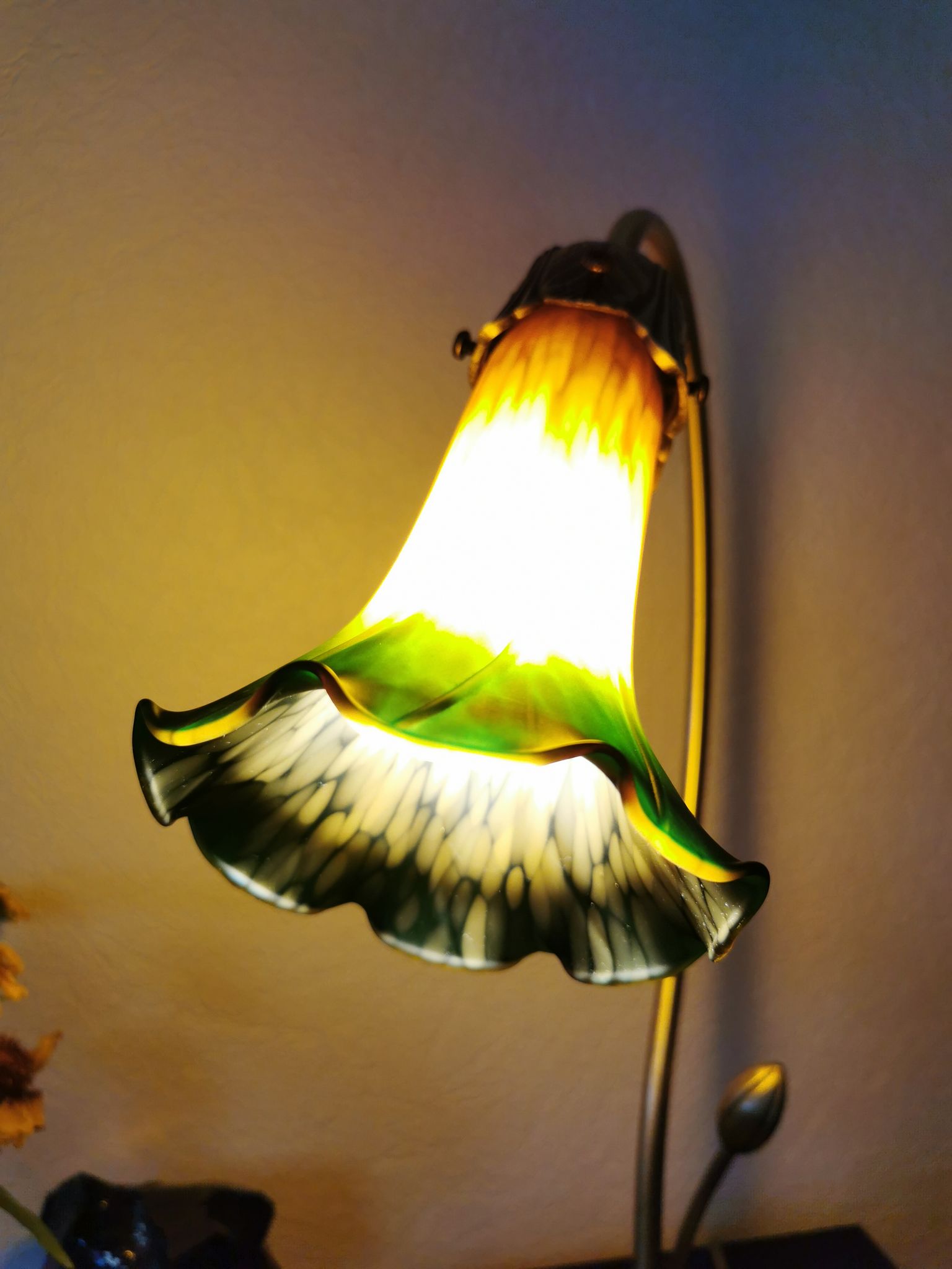 Brass water lily lamp and glass paste, art nouveau style.