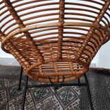 Ensemble fauteuils "soleil" et table en rotin des années 50