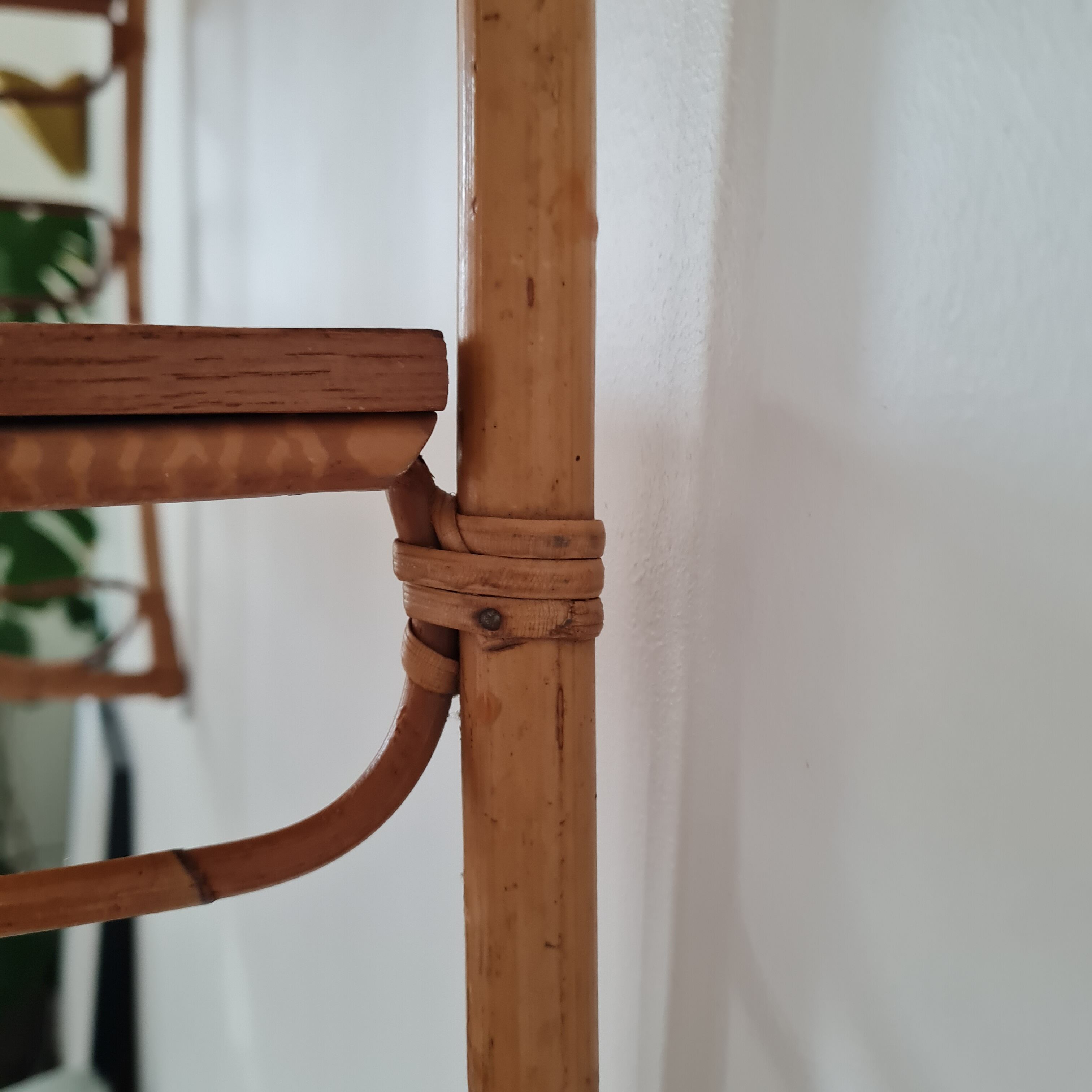 Wall shelf double modular rattan & vintage wood 50s