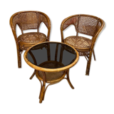 Salon en rotin et cannage formé de 2 fauteuils et d'une table basse