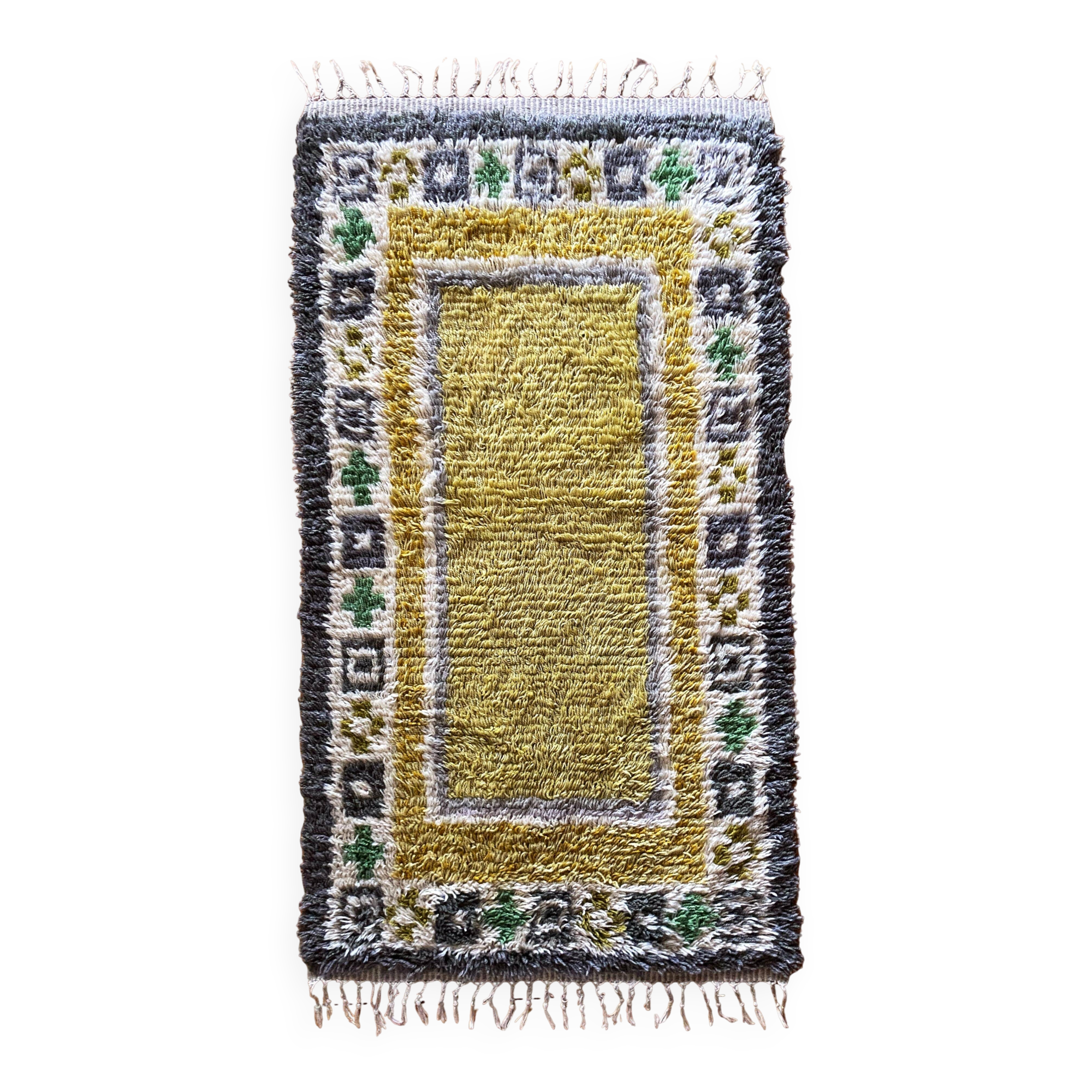 Mid-century Modern High Pile, Yellow, White, Green & Grey Rya Rug, Sweden, 1960s