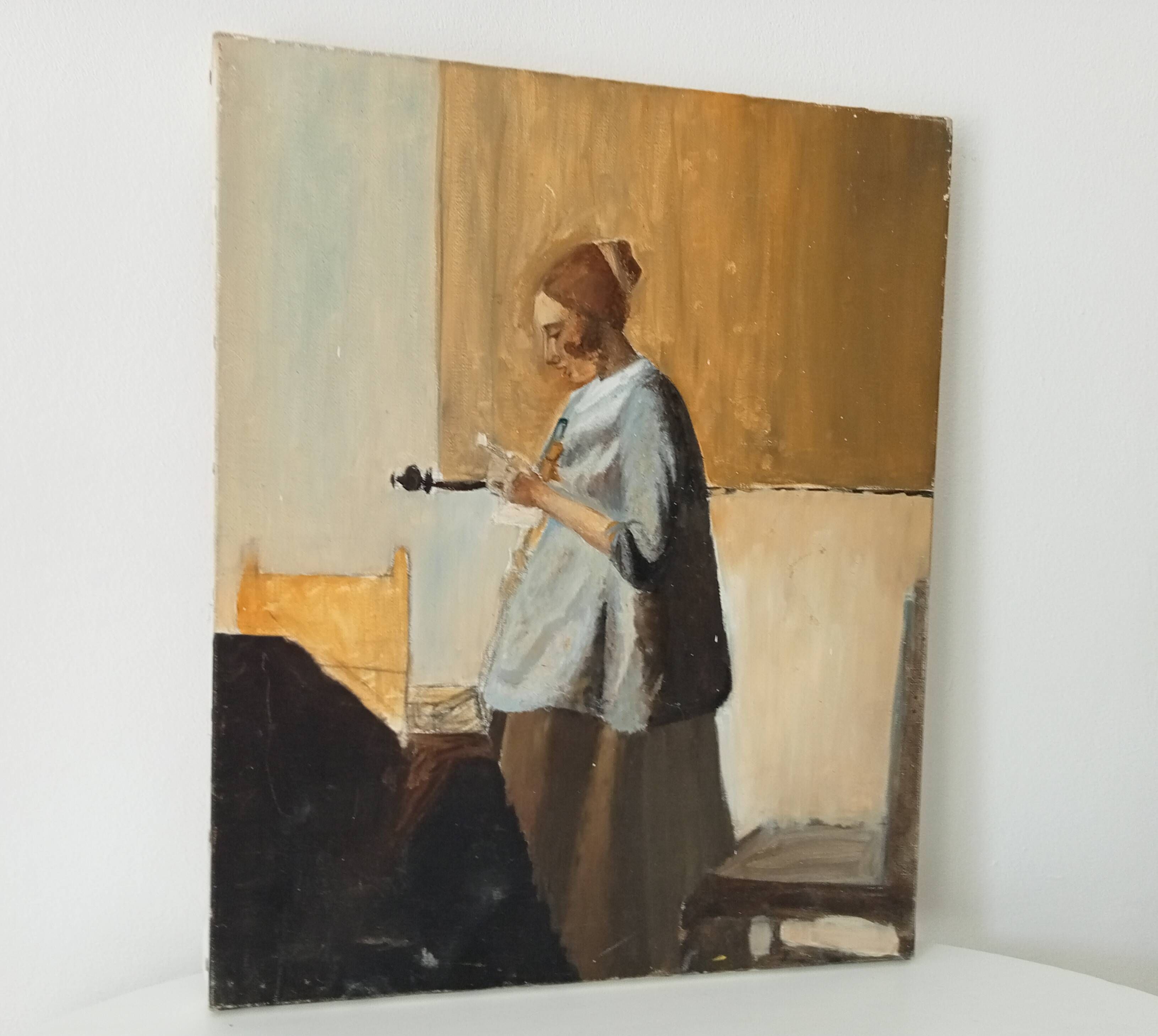Oil on canvas "Woman in Blue Reading a Letter" after Vermeer