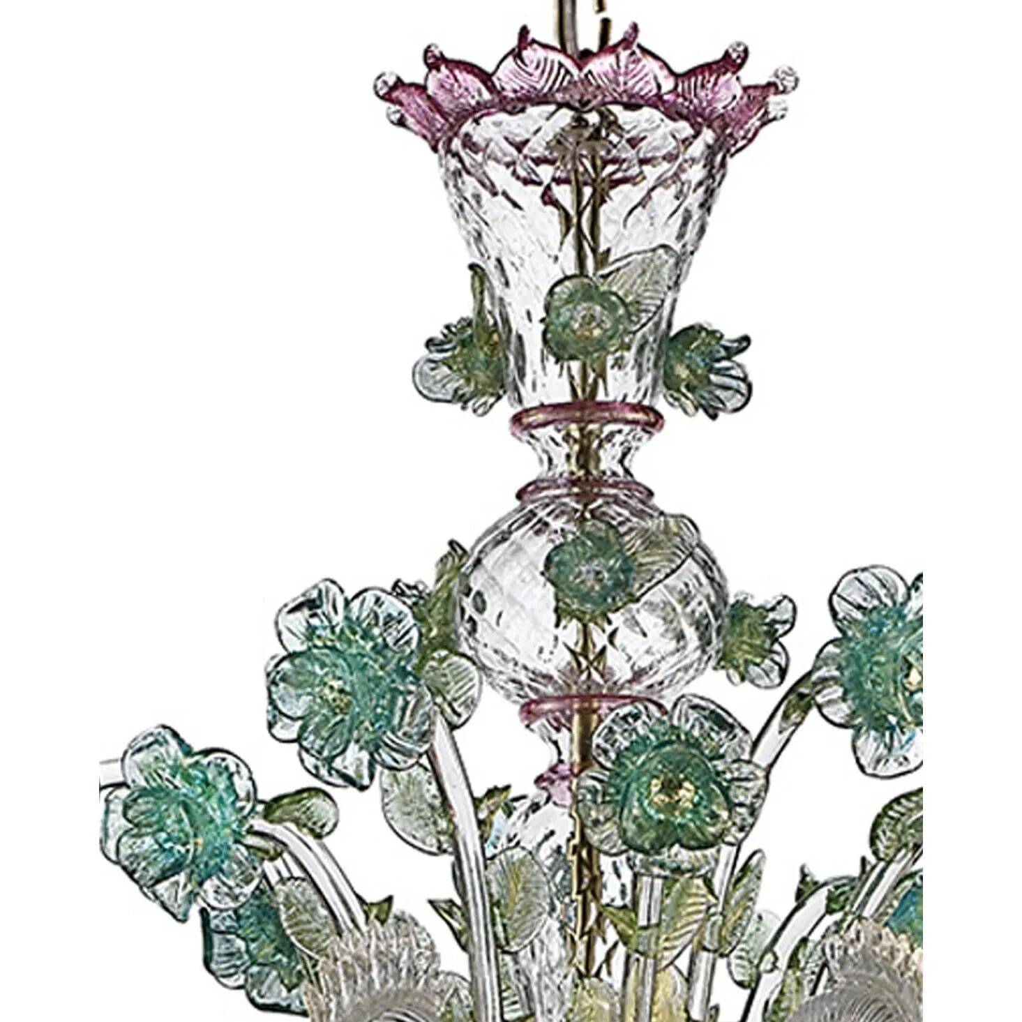 Ornate Venetian Pink and Green Floreal Murano Glass Chandelier