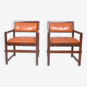 Pair of small leather dining seats or chairs by Edward Wormley