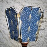 Table lamp, old turned wooden foot, metal lampshade and art deco print