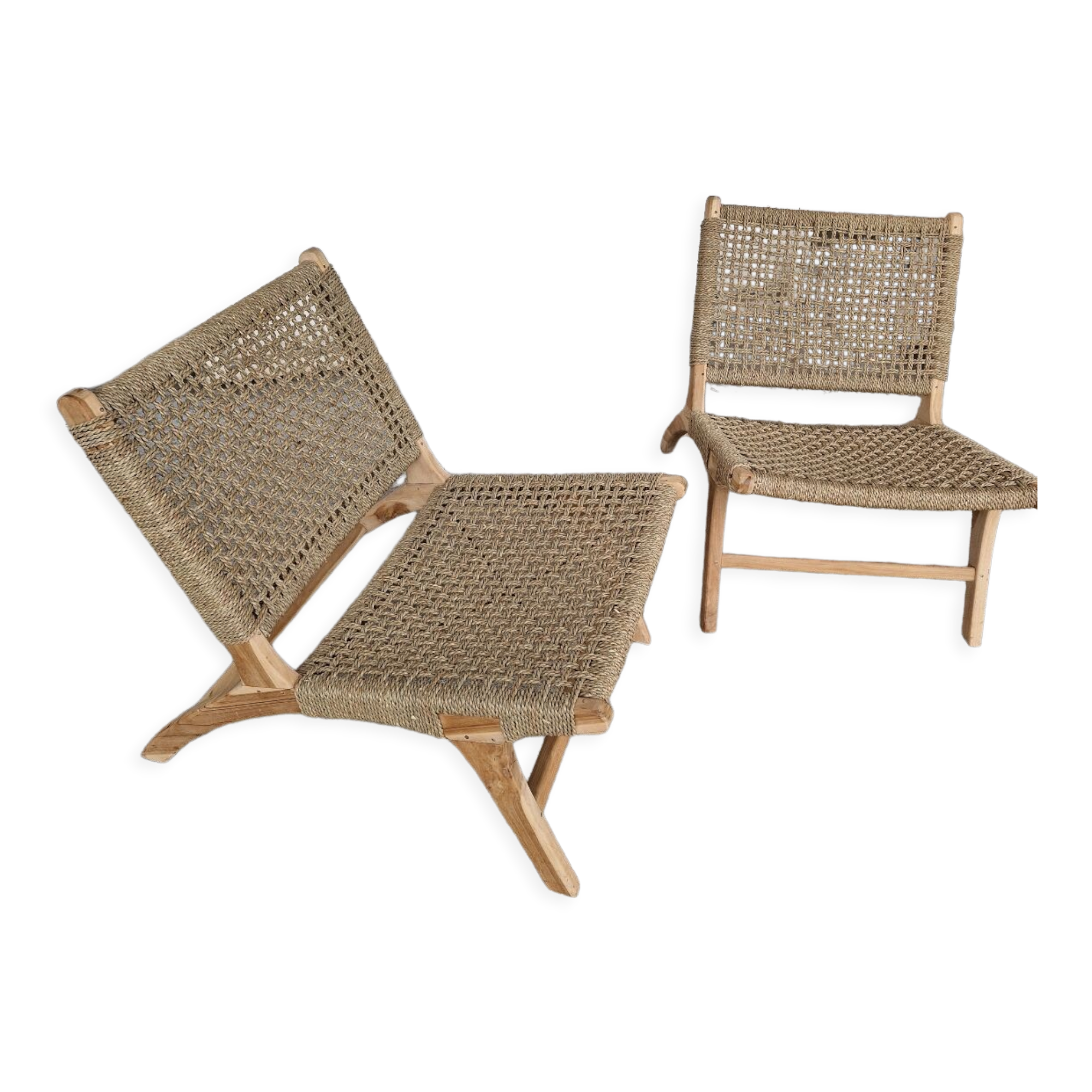 Pair of armchairs low solid wood and braided rope