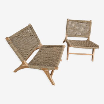 Pair of armchairs low solid wood and braided rope