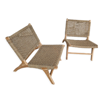 Pair of armchairs low solid wood and braided rope