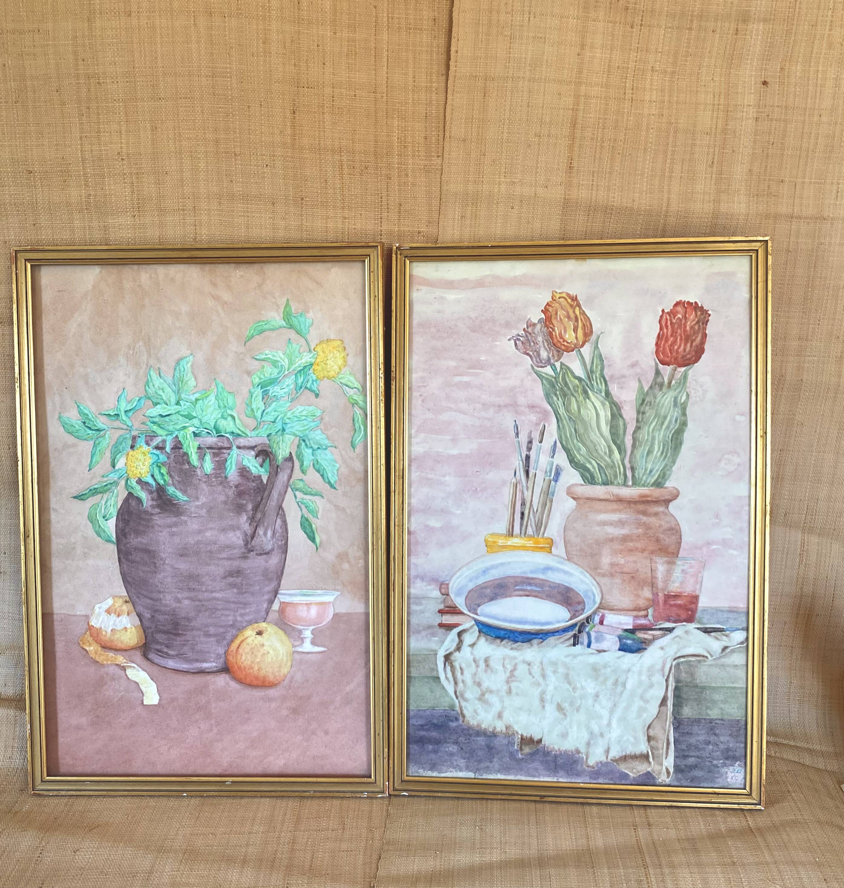 Watercolour still life from the 1970s under glass.