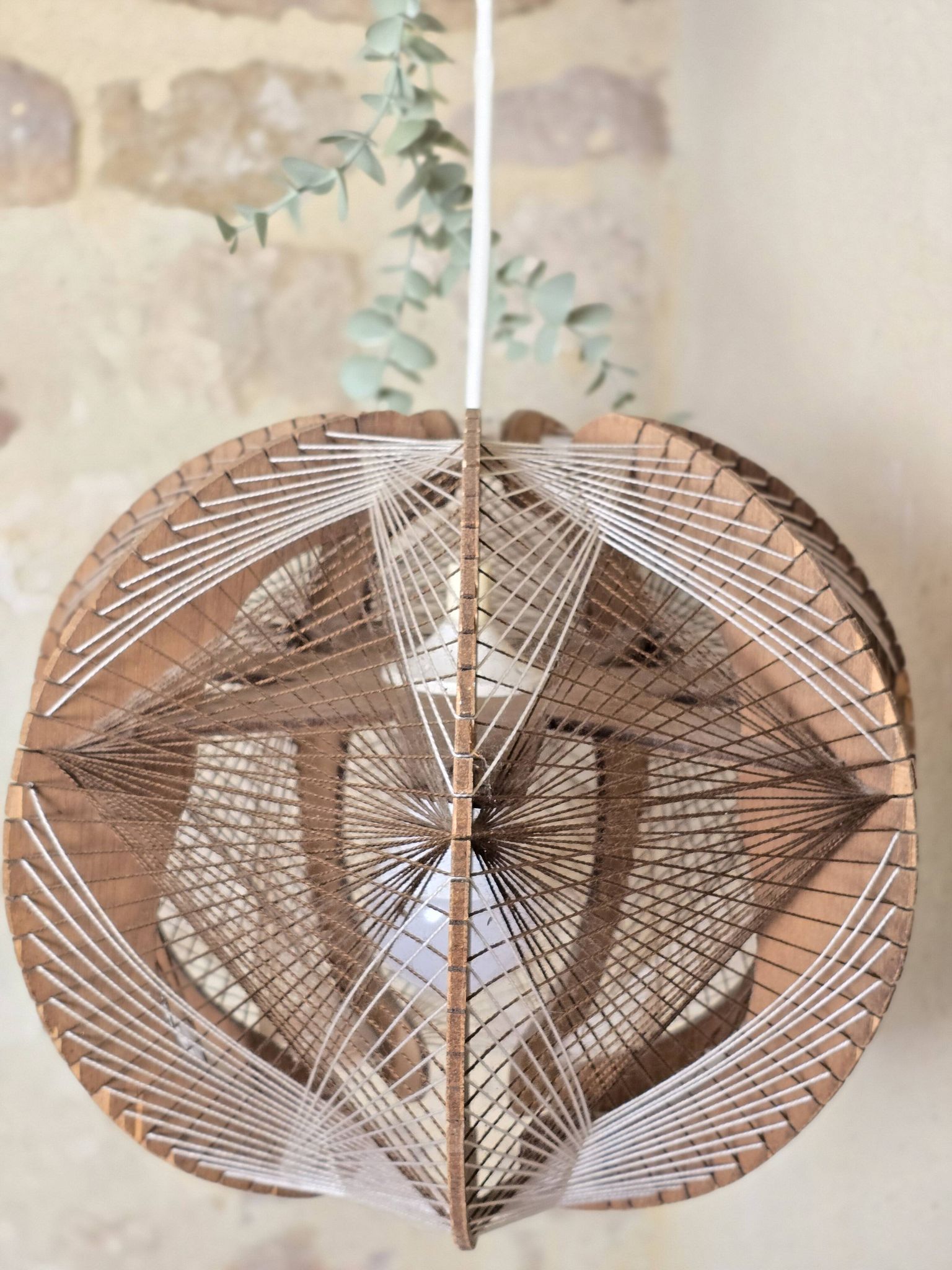 Vintage Scandinavian suspension string art wood and thread – 1970s design