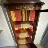 Curved marquetry display case, half-moon shape, checkerboard marquetry