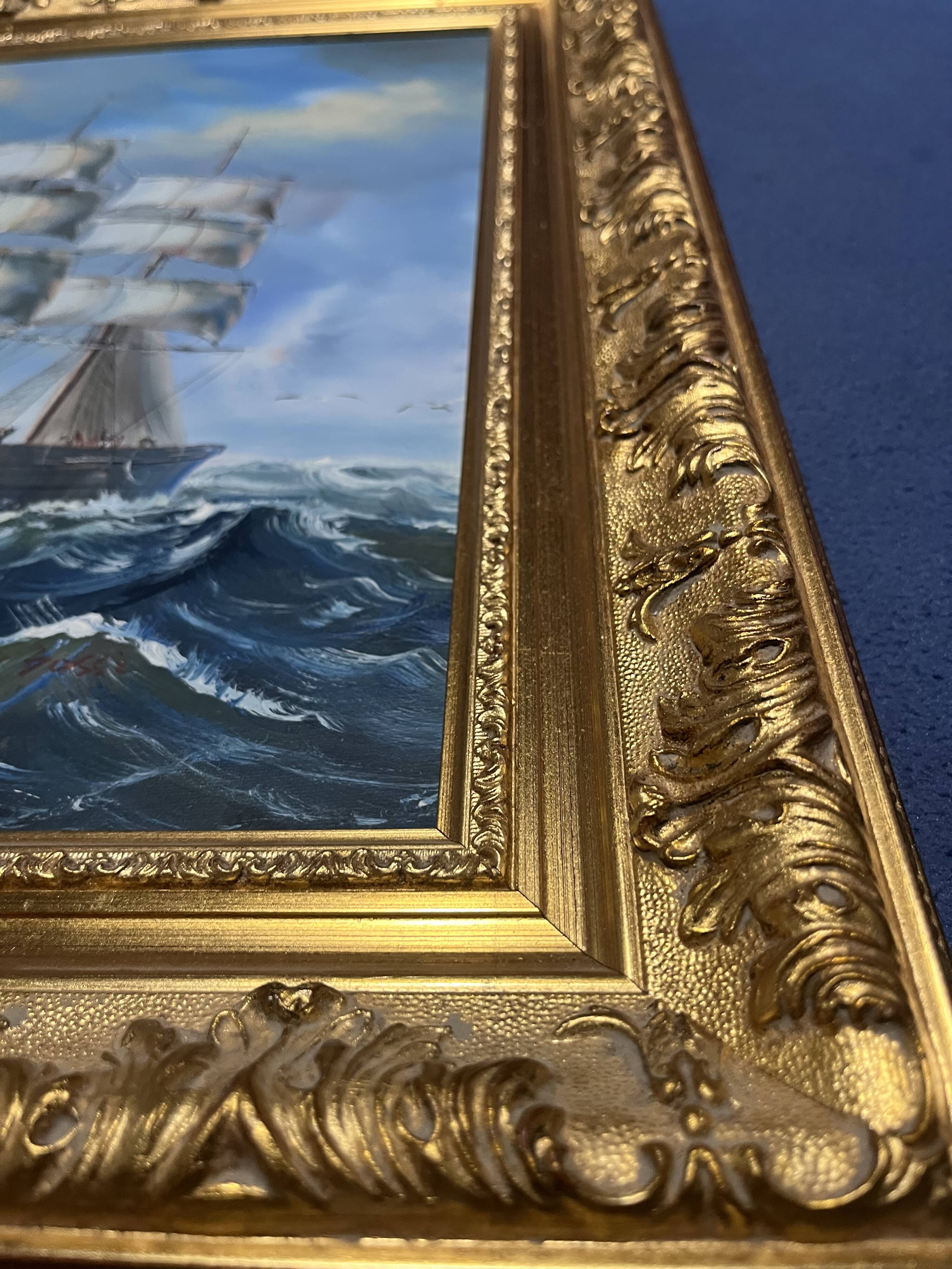 Large Marine Painting 3-Mast Sailing Ship - Sunset Sky