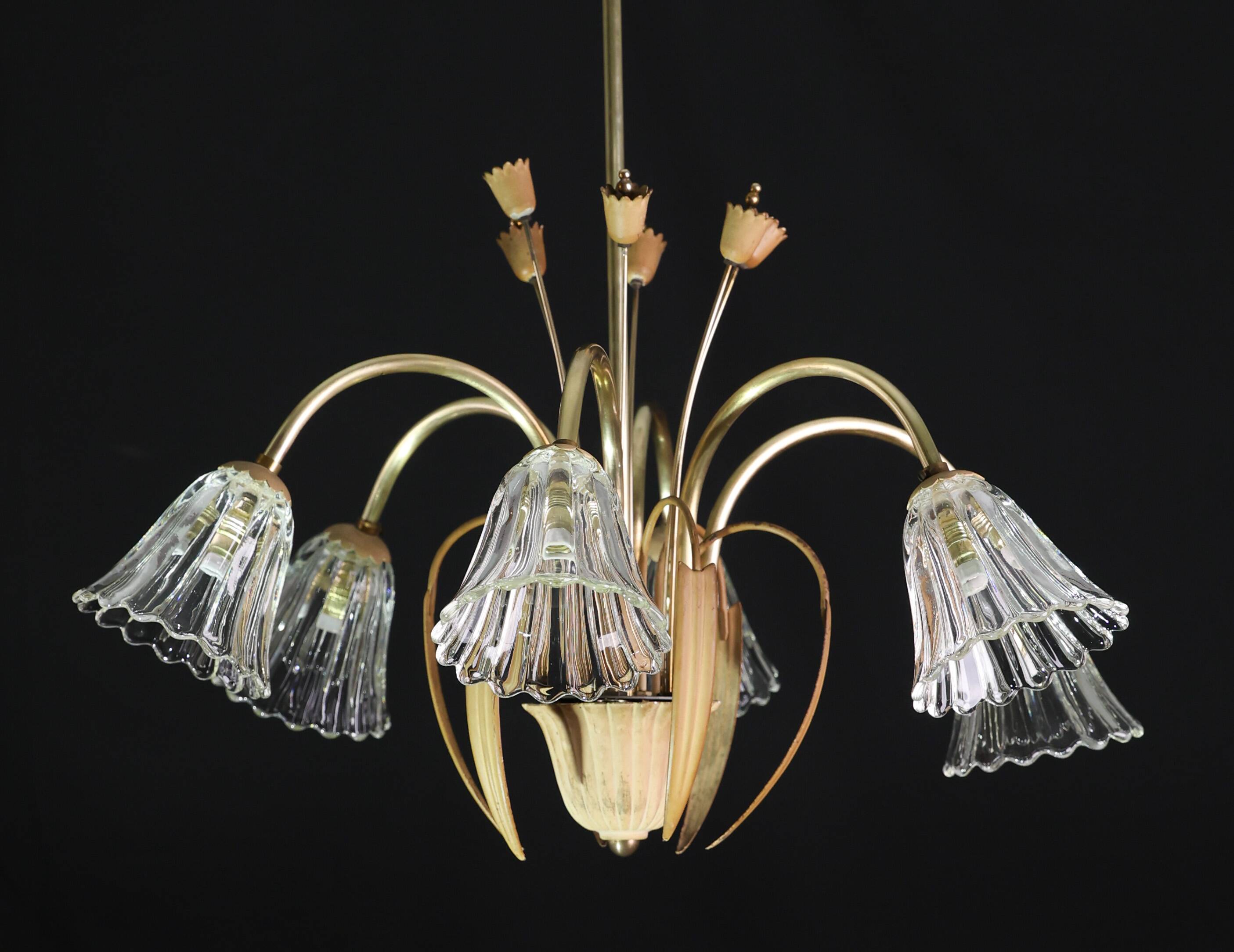 Art Deco Murano Glass and Brass Chandelier, 6 light, 1950