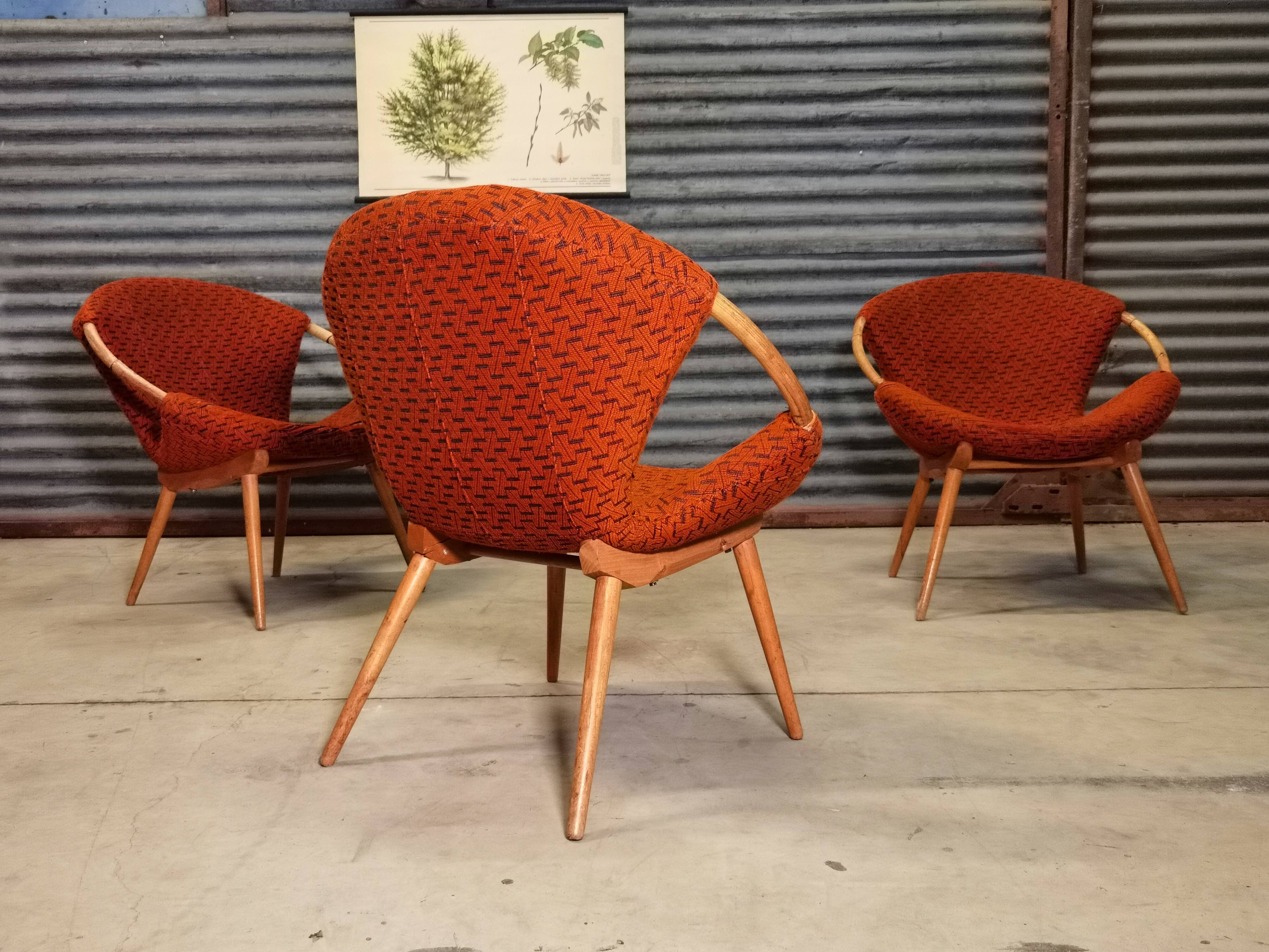 Czechoslovak shell armchair rattan wood fabric