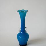 Sky blue opaline vase with scalloped edges and small handles, design from the 1960s.