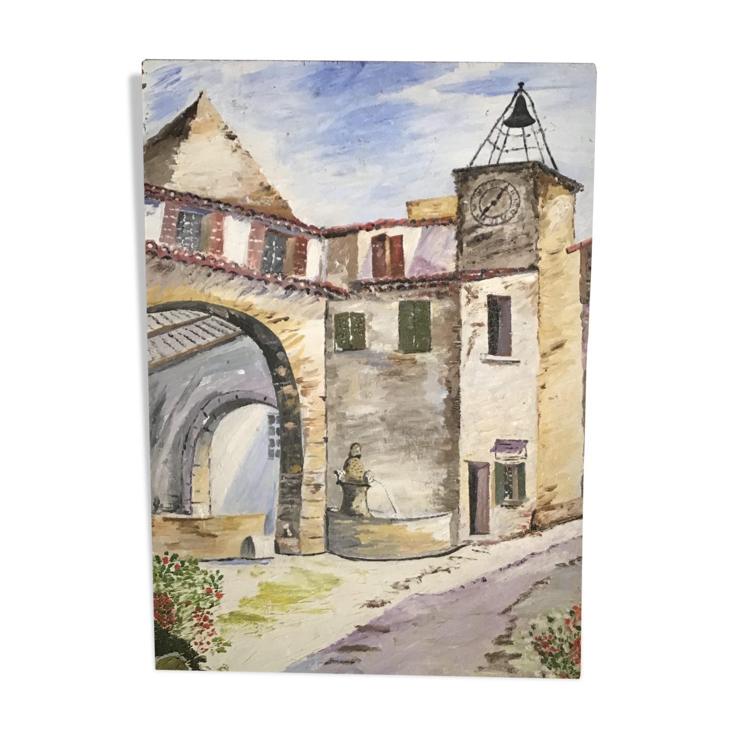 Painting, landscape, village scene at fountain