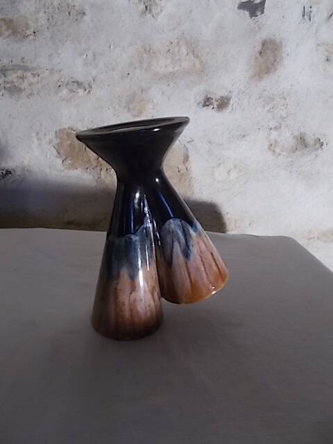 Vintage double neck vase in flamed stoneware