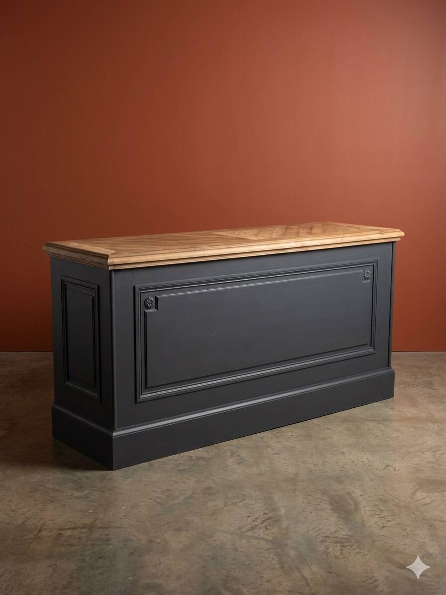 Chevron-patterned oak workbench