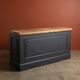 Chevron-patterned oak workbench