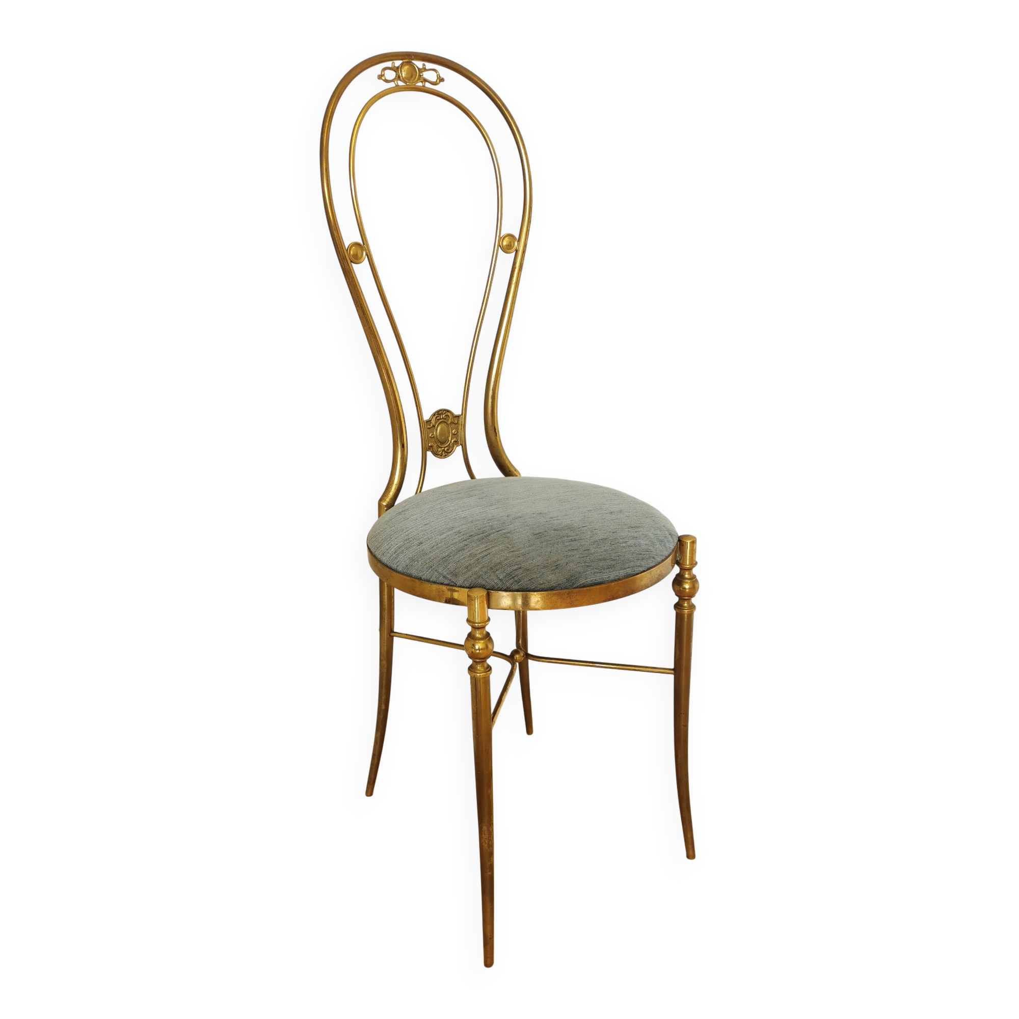 Vintage Paolo Buffa Brass Vanity Chair: Chiavari Style, Blue Fabric, 1950s