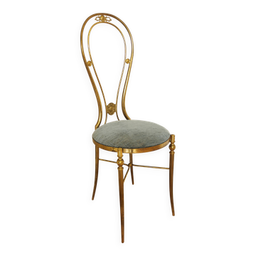 Fauteuil de coiffeuse vintage Paolo Buffa en laiton : style Chiavari, tissu bleu, années 1950