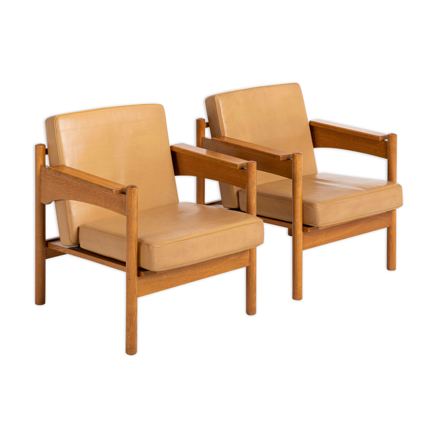 Pair of Oak and Leather Armchairs by Uluv Krasna Jizba, 1960s