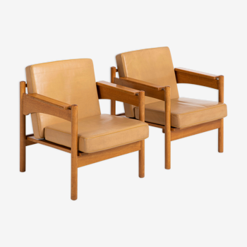 Pair of Oak and Leather Armchairs by Uluv Krasna Jizba, 1960s