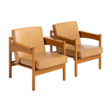 Pair of Oak and Leather Armchairs by Uluv Krasna Jizba, 1960s