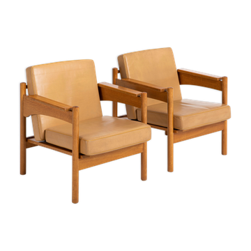 Pair of Oak and Leather Armchairs by Uluv Krasna Jizba, 1960s