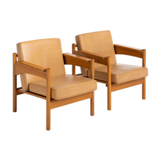 Pair of Oak and Leather Armchairs by Uluv Krasna Jizba, 1960s