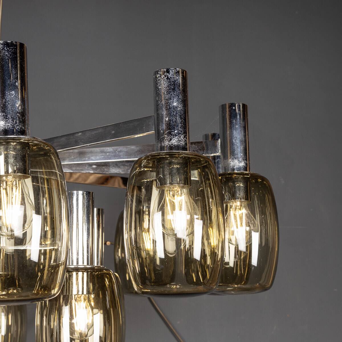 20thC ITALIAN CHROME & SMOKED GLASS EIGHTEEN LIGHT CHANDELIER c.1970