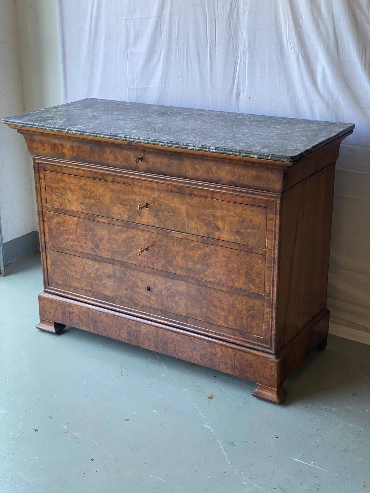 Vintage Louis Philippe chest of drawers in burr walnut and gray marble