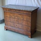 Vintage Louis Philippe chest of drawers in burr walnut and gray marble